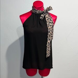 White House Black Market black & Leopard Halter Tie Neck Hi Lo Top Blouse.